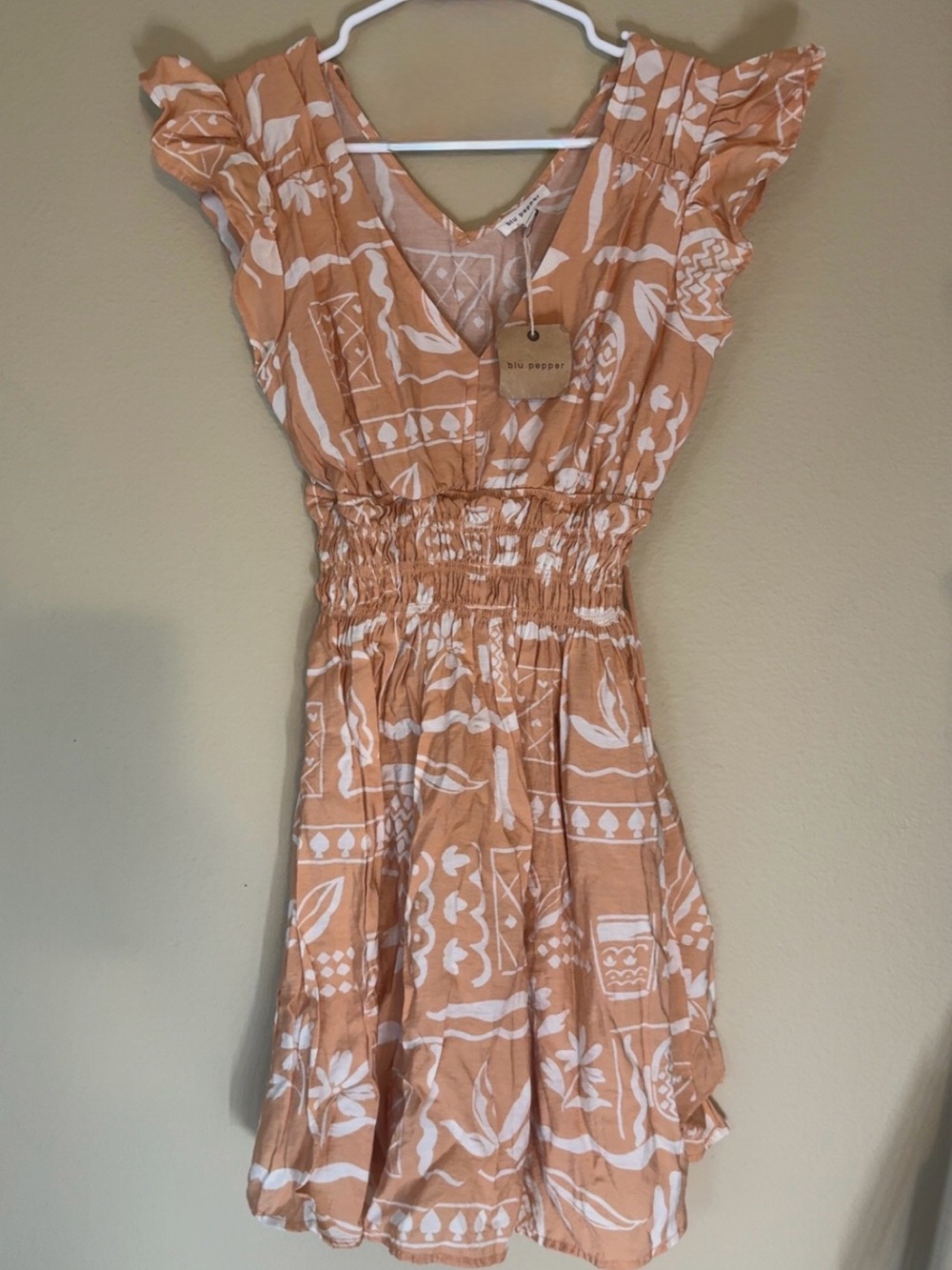Blu Pepper Peach & White Printed Smocked Mini Dress